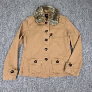 GAP Jacket Womens Medium Beige Faux Fur Collar Detachable Lining Twill Barn Coat